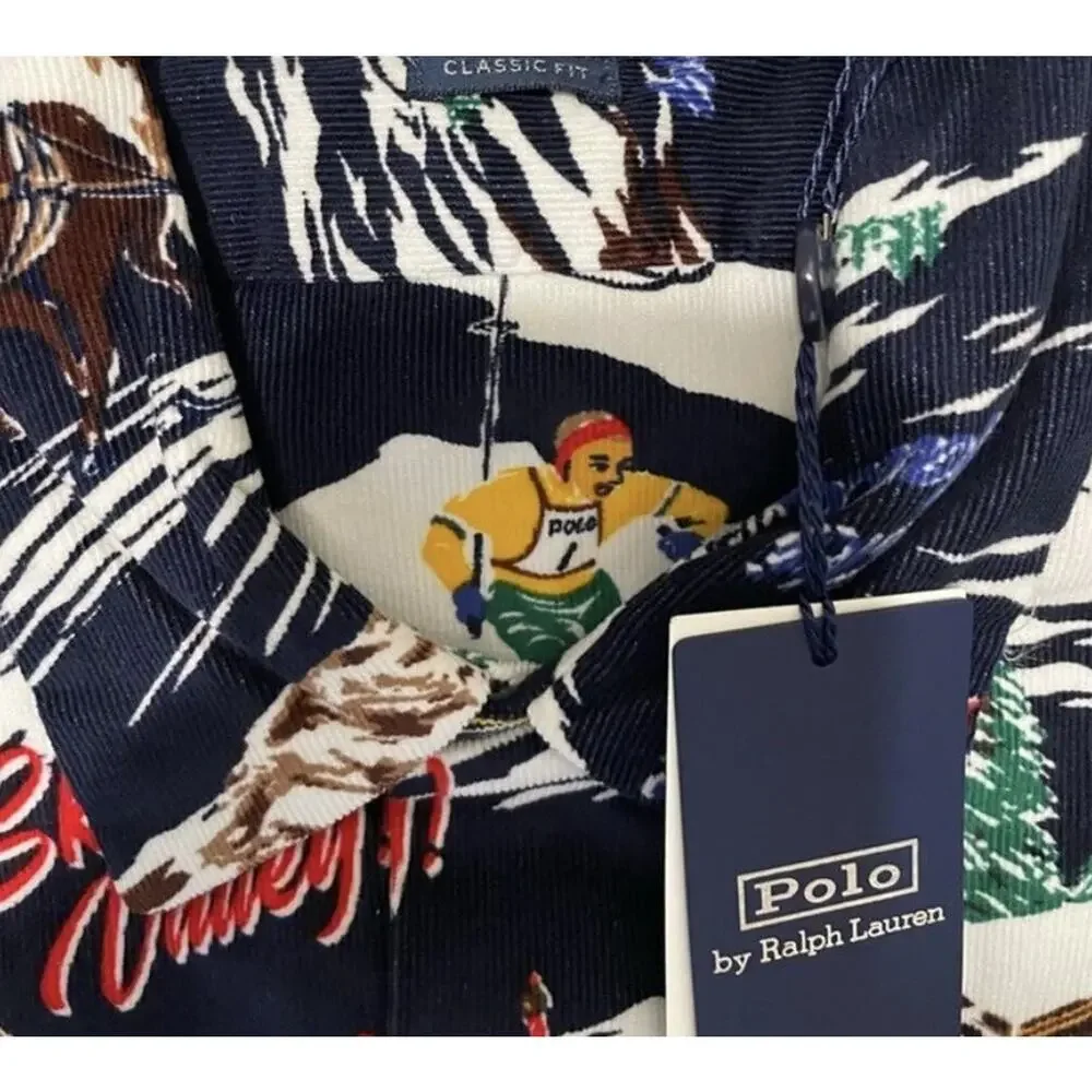Ralph Lauren Polo Ski Shirt Mens‎ M Corduroy Button Retro Winter Sports Novelty